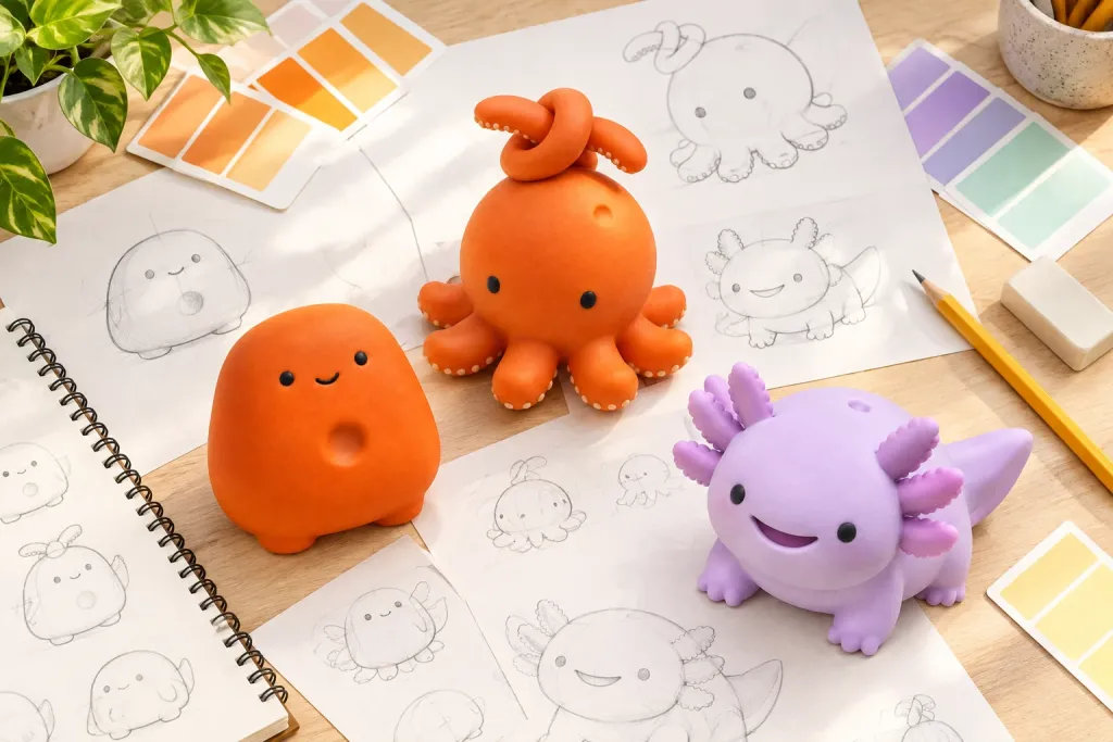 Sketches, colour chips and WOVARK characters on a design desk