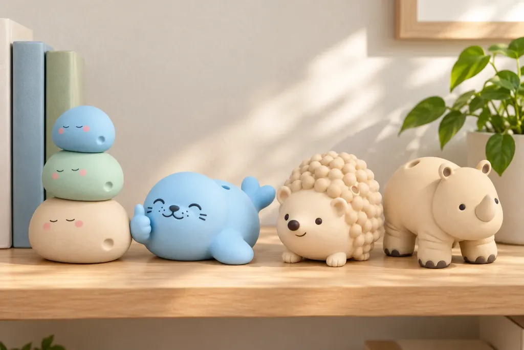 WOVARK characters lined up on a bookshelf