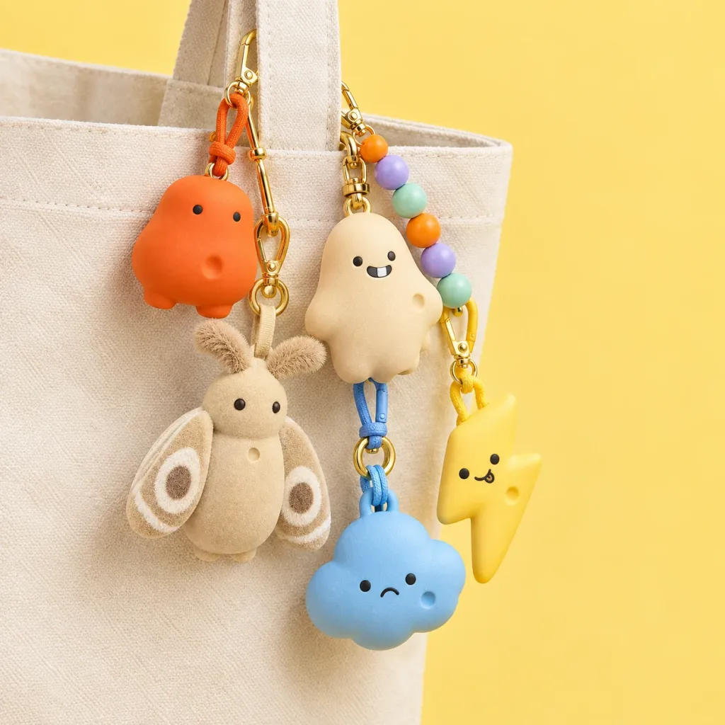 WOVARK pocket charms clipped to a canvas tote bag