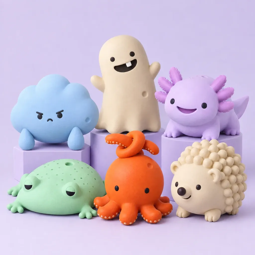 Six WOVARK squeeze characters on a lilac background