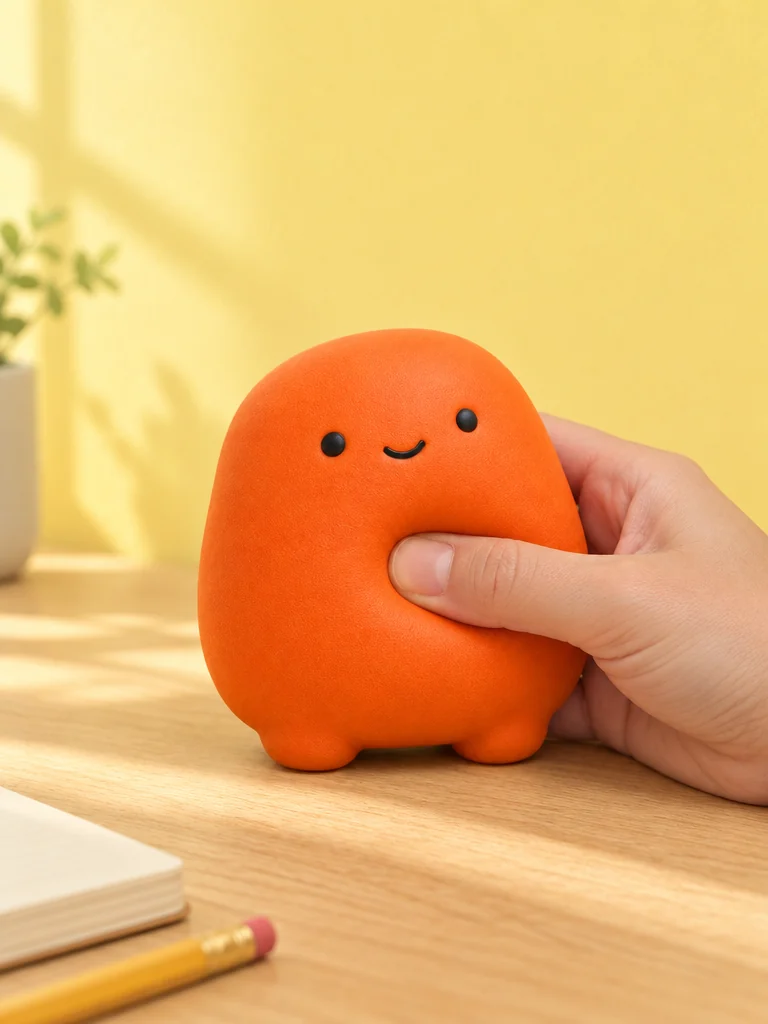 En hånd der klemmer Glob, en tangerine WOVARK-figur, på et skrivebord