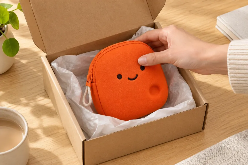 A hand placing a pouch back into a mailer box