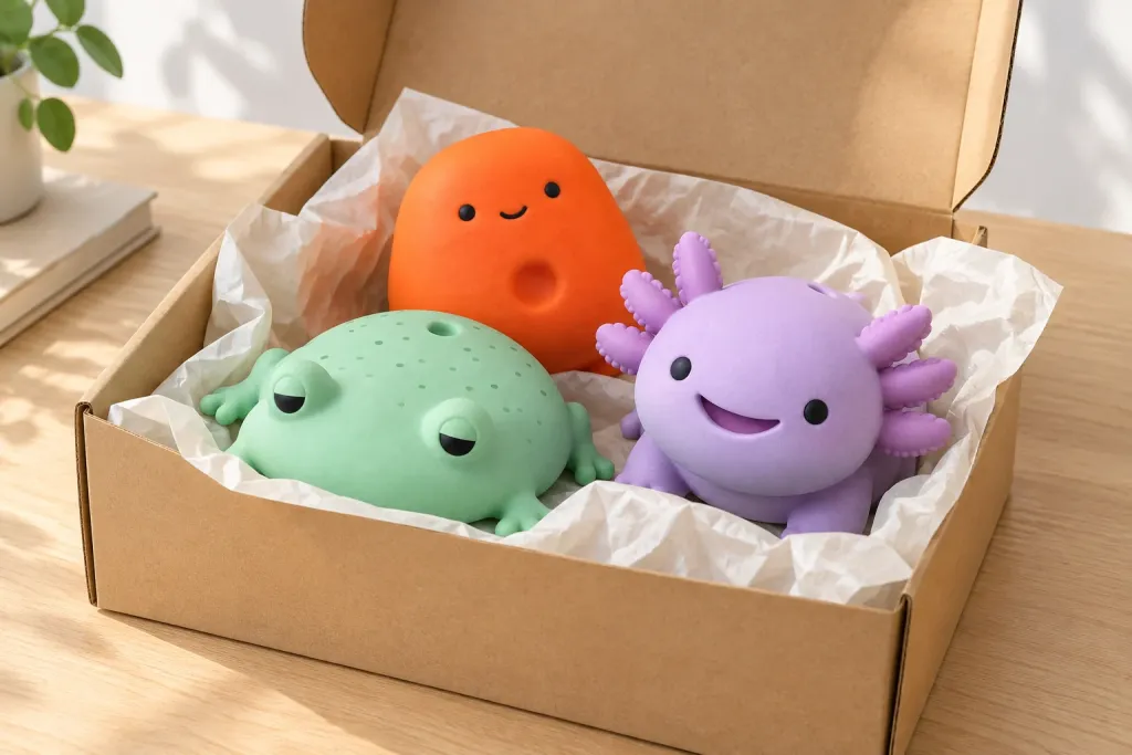 WOVARK characters peeking out of a kraft mailer box