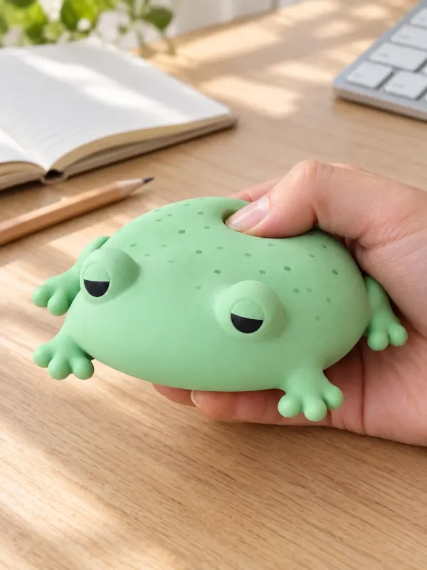 Blorp the Puddle Frog on a desk