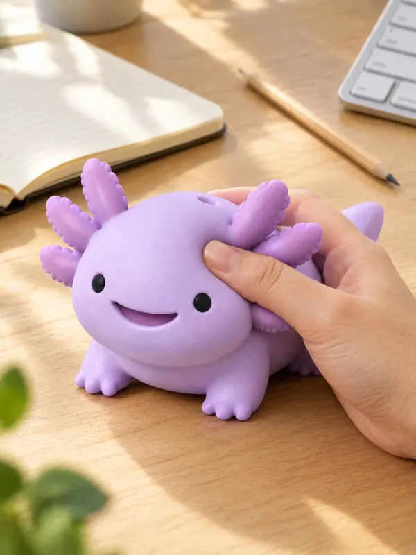 Pip the Axolotl on a desk