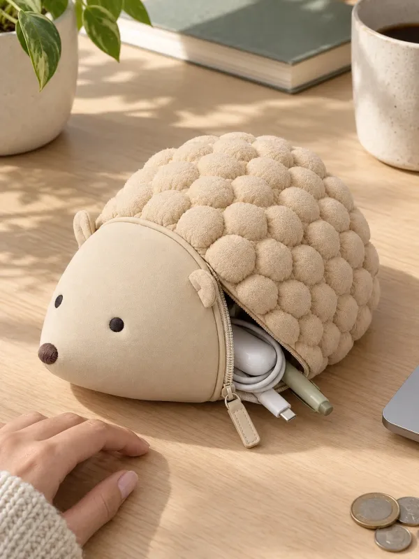 Hedgehog Quilt Pouch on a desk