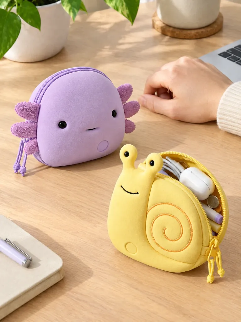 Pouch Pair: Axolotl & Snail — Set of 2 on a desk